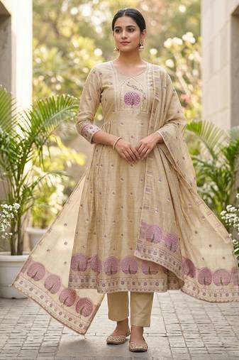 Beige color banarasi cotton fabric ethnic partywear salwar kameez