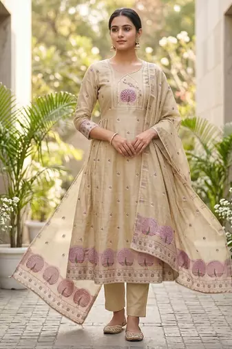 Beige color banarasi cotton fabric ethnic partywear salwar kameez