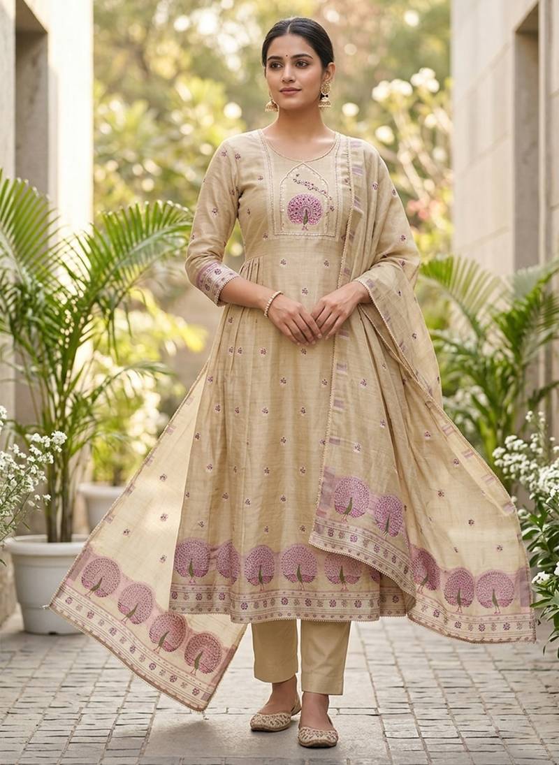 Beige color banarasi cotton fabric ethnic partywear salwar kameez