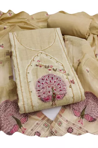 Beige color banarasi cotton fabric ethnic partywear salwar kameez