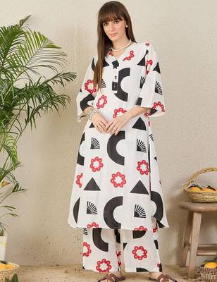 White geometric printed a-line cotton kurta with palazzo 1