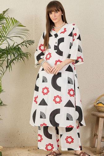 White geometric printed a-line pure cotton kurta with palazzo
