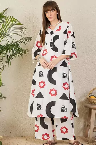 White geometric printed a-line pure cotton kurta with palazzo