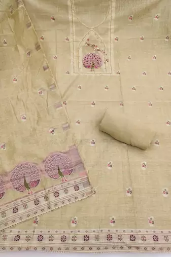 Beige color banarasi cotton fabric ethnic partywear salwar kameez