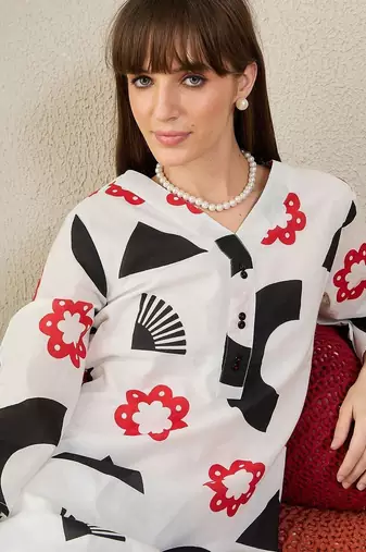 White geometric printed a-line pure cotton kurta with palazzo