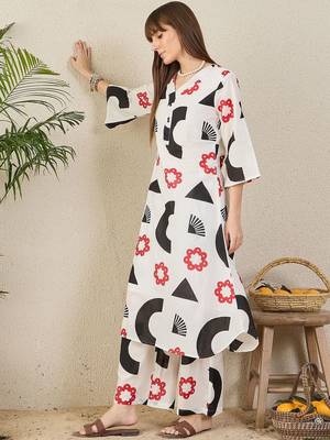 White geometric printed a-line cotton kurta with palazzo 3