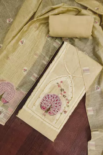 Beige color banarasi cotton fabric ethnic partywear salwar kameez