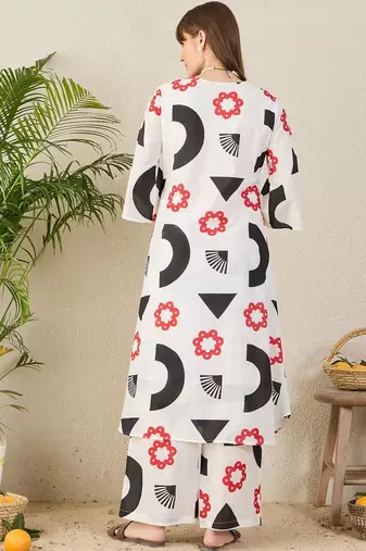 White geometric printed a-line pure cotton kurta with palazzo