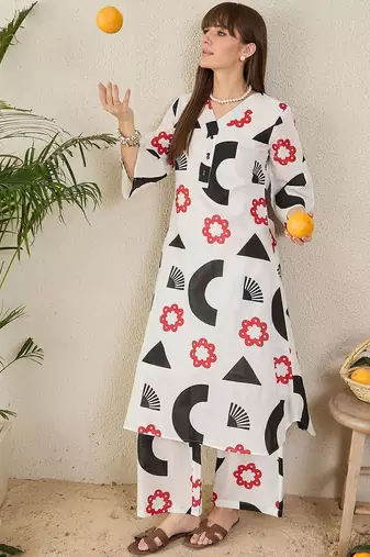 White geometric printed a-line pure cotton kurta with palazzo