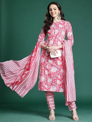 Pink floral printed cotton kurta with trousers & dupatta 1