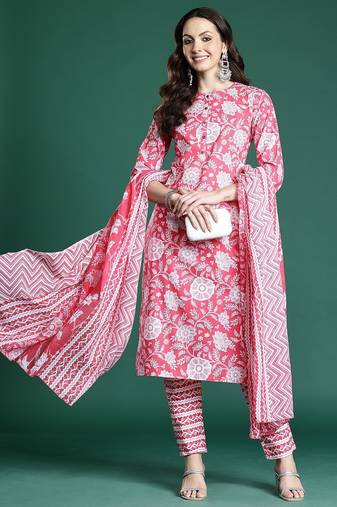 Pink floral printed pure cotton kurta with trousers & dupatta