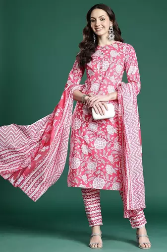 Pink floral printed pure cotton kurta with trousers & dupatta