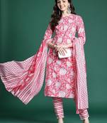 Pink floral printed pure cotton kurta with trousers & dupatta