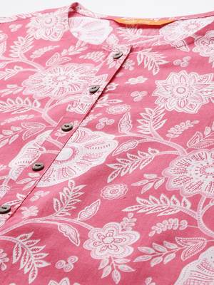 Pink floral printed cotton kurta with trousers & dupatta 2