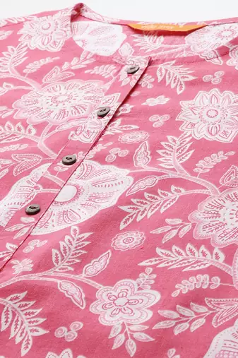 Pink floral printed pure cotton kurta with trousers & dupatta