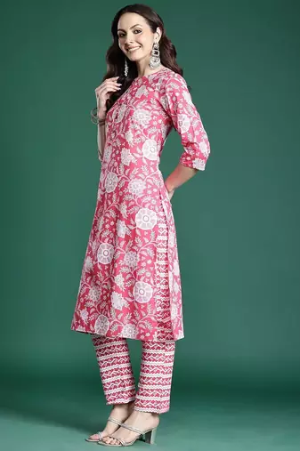 Pink floral printed pure cotton kurta with trousers & dupatta