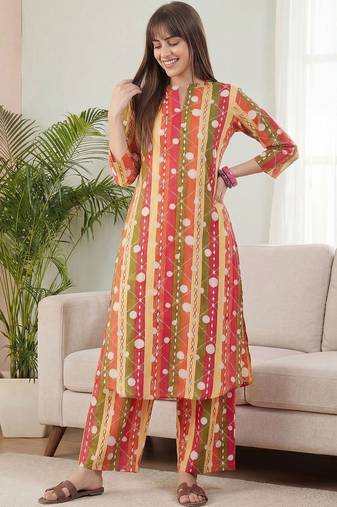 Multicolor women printed regular pure cotton kurta with trousers