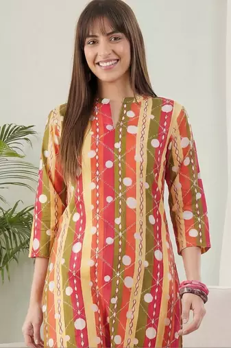 Multicolor women printed regular pure cotton kurta with trousers
