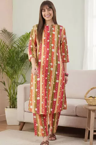 Multicolor women printed regular pure cotton kurta with trousers