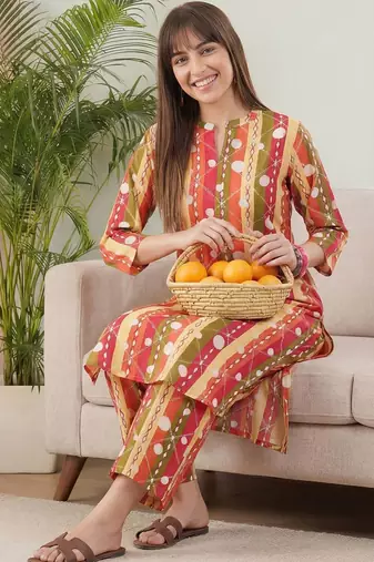 Multicolor women printed regular pure cotton kurta with trousers