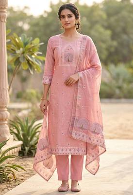Pink color banarasi cotton fabric ethnic partywear salwar kameez 1