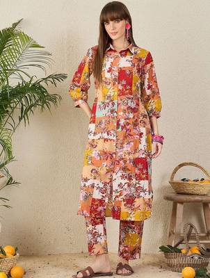 Yellow women floral printed cotton kurta with trousers 1