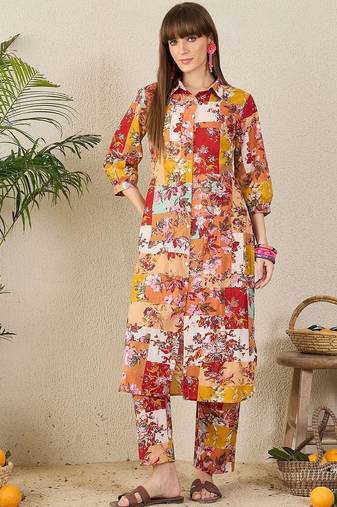 Yellow women floral printed regular pure cotton kurta with trousers