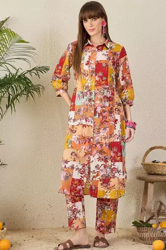 Yellow women floral printed regular pure cotton kurta with trousers
