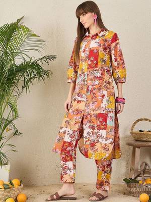 Yellow women floral printed cotton kurta with trousers 3