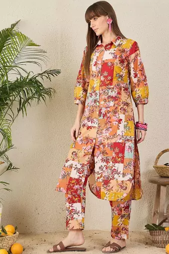 Yellow women floral printed regular pure cotton kurta with trousers