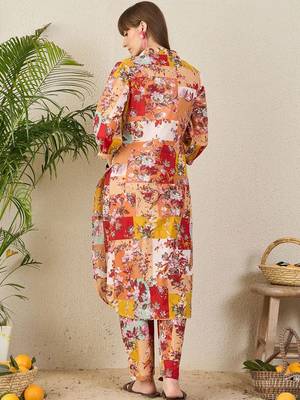 Yellow women floral printed cotton kurta with trousers 4