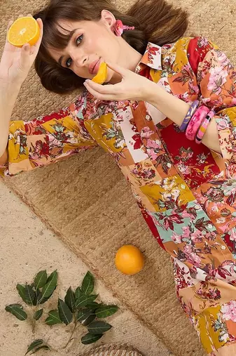 Yellow women floral printed regular pure cotton kurta with trousers