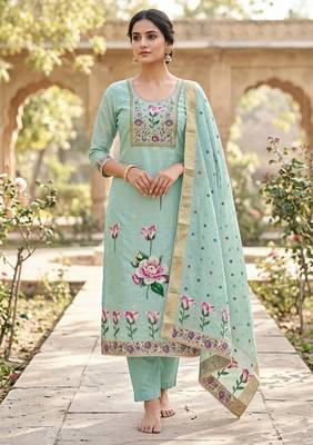 Blue color banarasi cotton fabric designer ethnic partywear suit 1