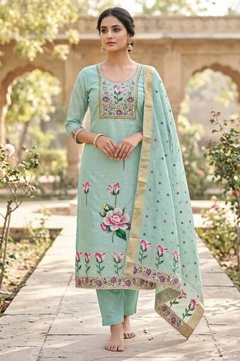 Blue color banarasi cotton fabric designer ethnic partywear suit