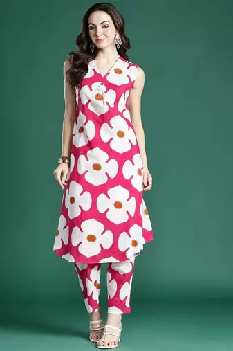 Pink floral printed pleated pure cotton kurta with trousers