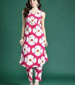Pink floral printed pleated pure cotton kurta with trousers