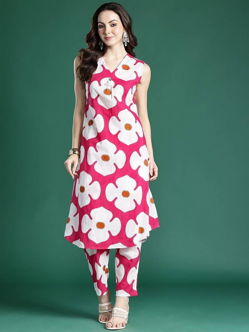 Pink floral printed pleated pure cotton kurta with trousers