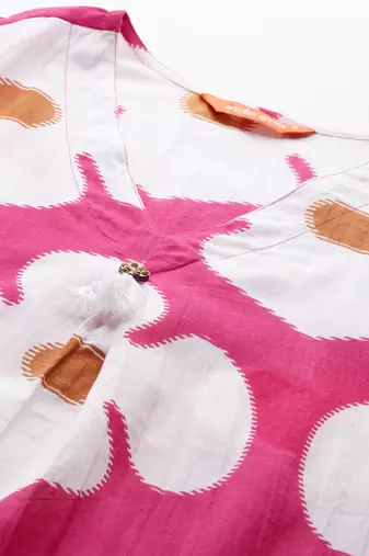 Pink floral printed pleated pure cotton kurta with trousers