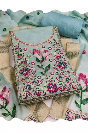 Blue color banarasi cotton fabric designer ethnic partywear suit