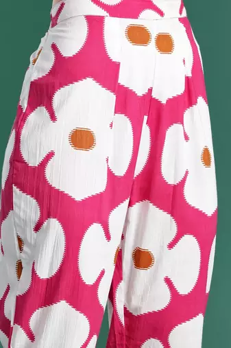 Pink floral printed pleated pure cotton kurta with trousers