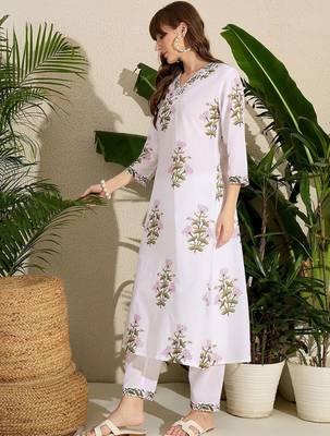 White women floral printed cotton kurta with trousers 2