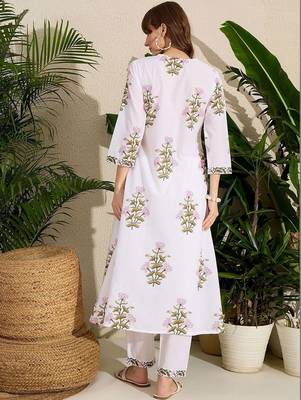 White women floral printed cotton kurta with trousers 3