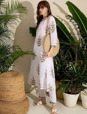 White women floral printed cotton kurta with trousers 4