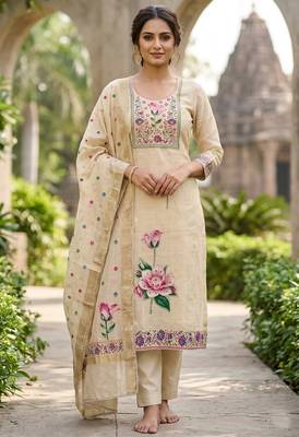 Beige color banarasi cotton fabric designer ethnic partywear suit 1