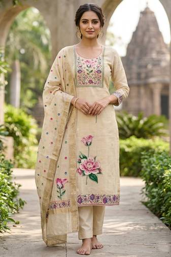 Beige color banarasi cotton fabric designer ethnic partywear suit