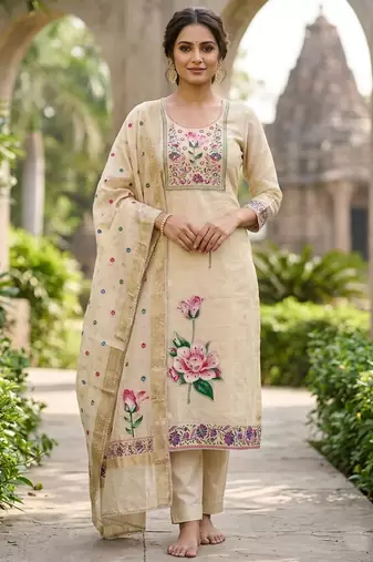 Beige color banarasi cotton fabric designer ethnic partywear suit