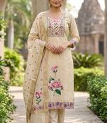 Beige color banarasi cotton fabric designer ethnic partywear suit