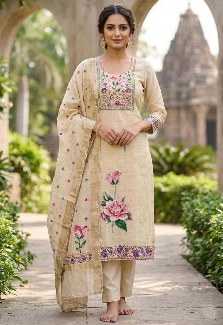 Beige color banarasi cotton fabric designer ethnic partywear suit
