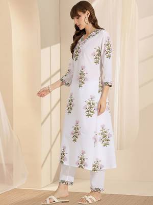 White women floral printed cotton kurta with trousers 5