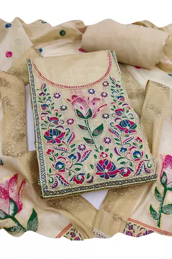 Beige color banarasi cotton fabric designer ethnic partywear suit